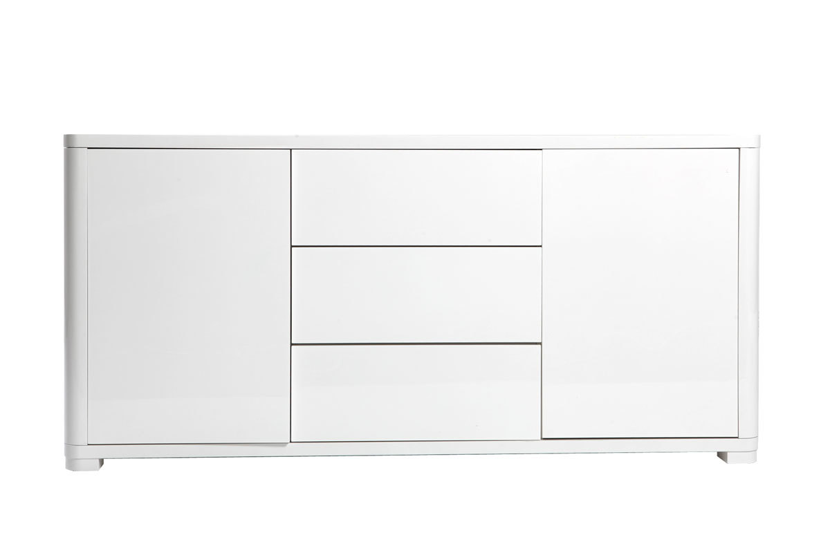 Buffet design blanc laqu brillant 2 portes 3 tiroirs L140 cm PAX
