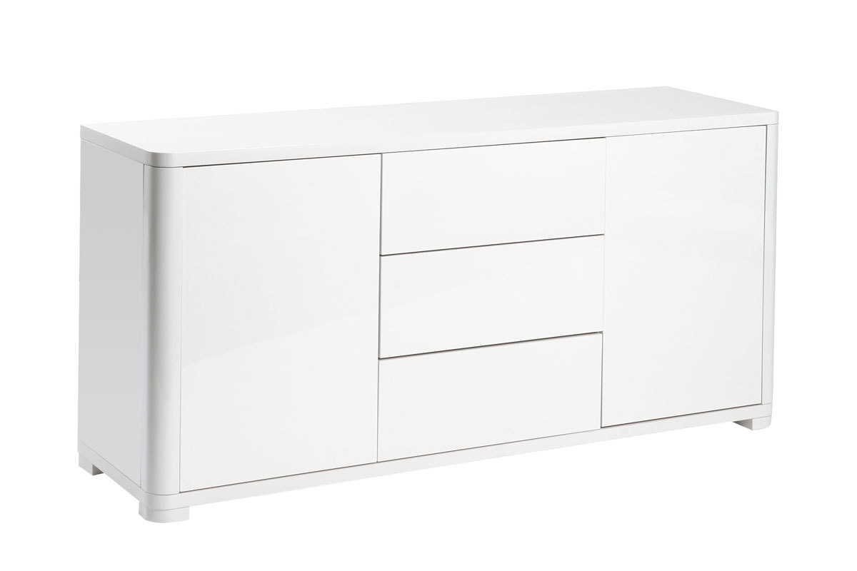 Buffet design blanc laqu brillant 2 portes 3 tiroirs L140 cm PAX