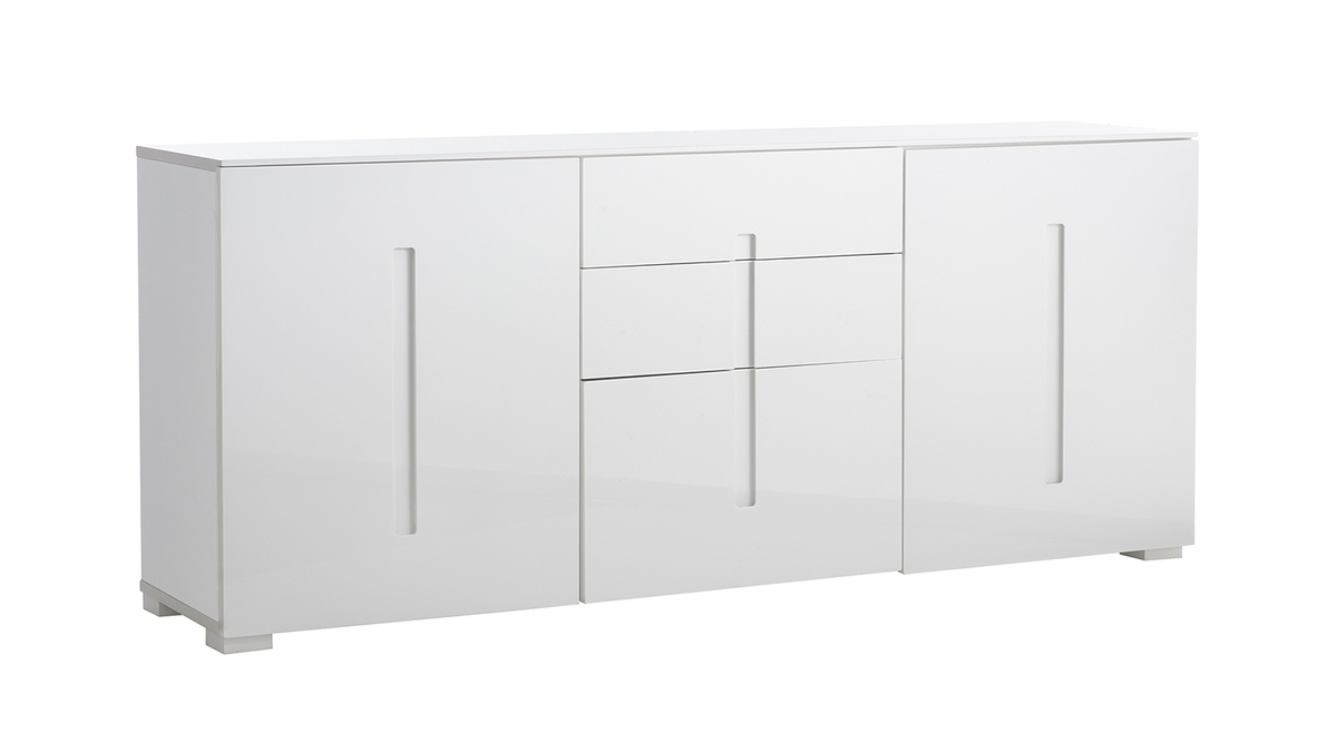 Buffet design blanc laqu brillant 2 portes 3 tiroirs L180 cm TED