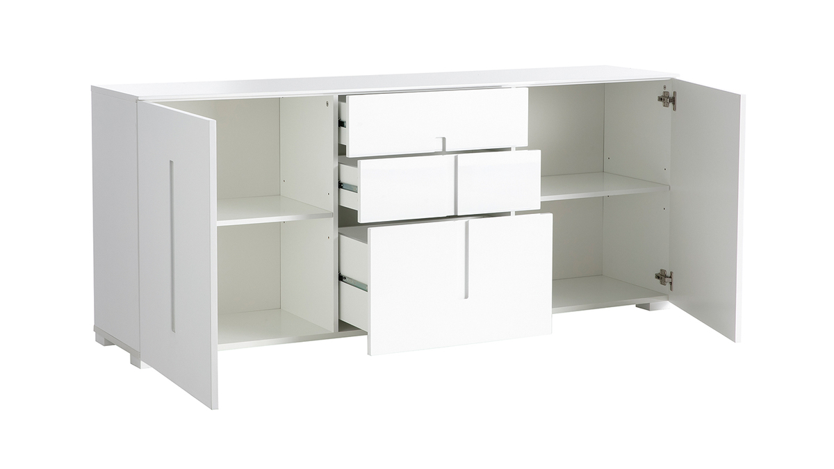 Buffet design blanc laqu brillant 2 portes 3 tiroirs L180 cm TED