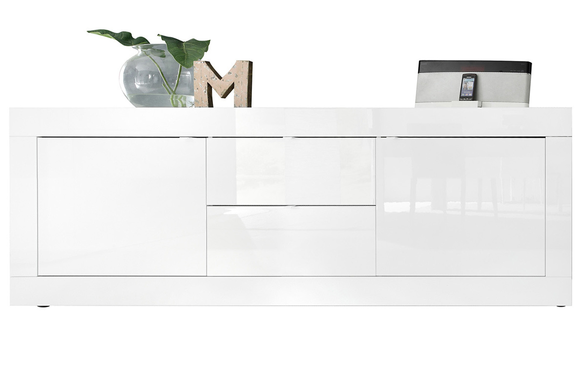 Buffet design blanc laqu brillant avec tiroirs L210 cm LATTE