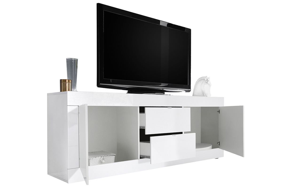Buffet design blanc laqu brillant avec tiroirs L210 cm LATTE