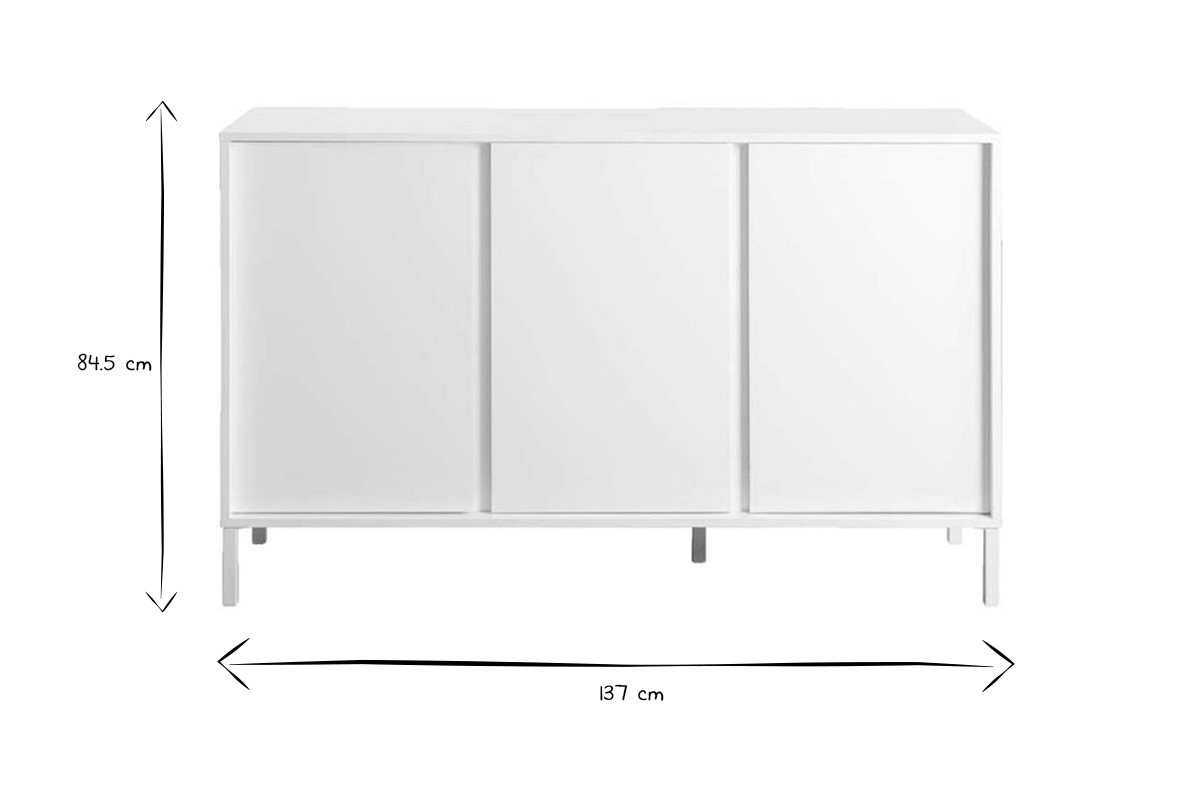 Buffet design blanc laqu brillant et mtal 3 portes L137 cm MIKY