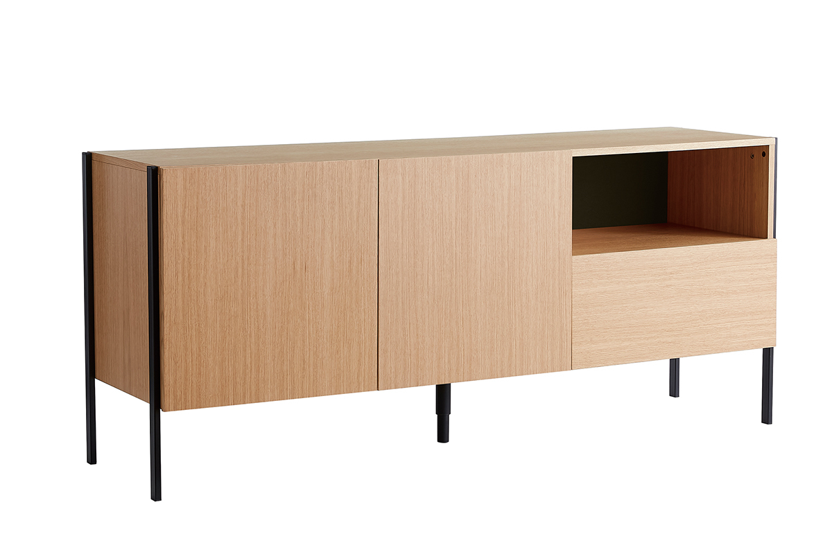 Buffet design en bois clair chne et mtal noir 2 portes 1 tiroir L175 cm HEDA
