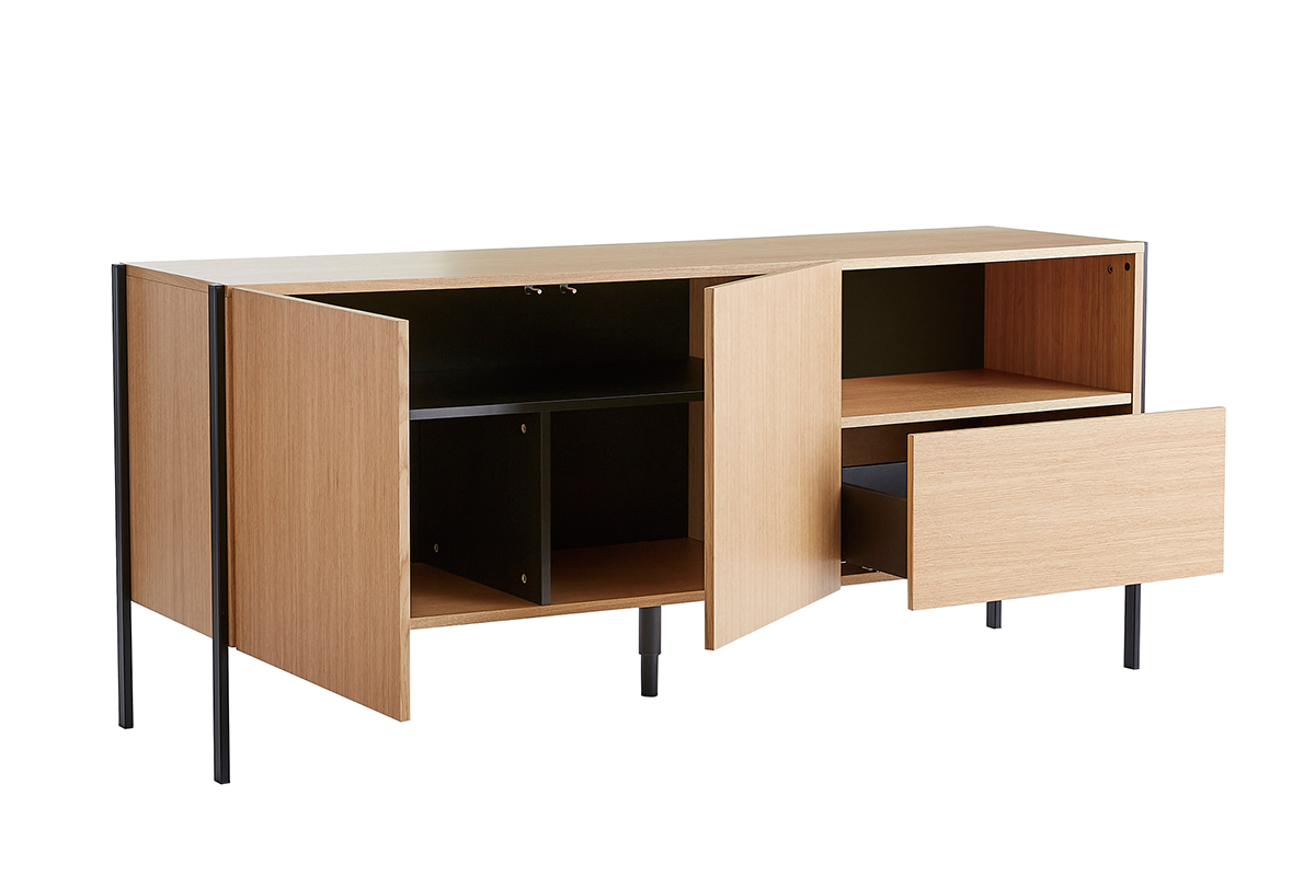 Buffet design en bois clair chne et mtal noir 2 portes 1 tiroir L175 cm HEDA