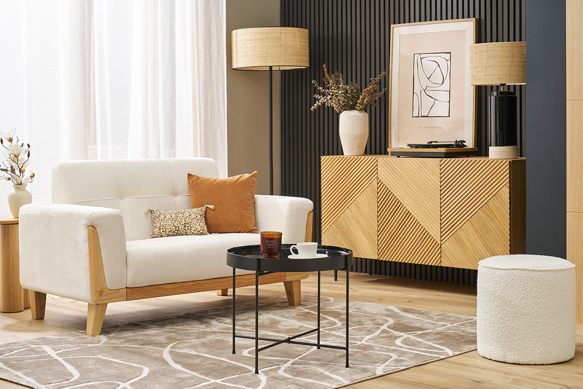 Buffet design en bois clair chne massif grav et mtal noir 3 portes L135 cm ARCHIPEL