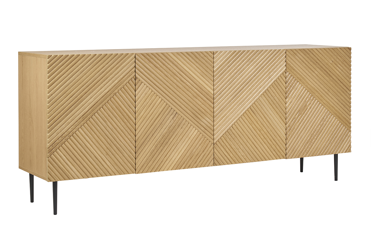 Buffet design en bois clair chne massif grav et mtal noir 4 portes L180 cm ARCHIPEL