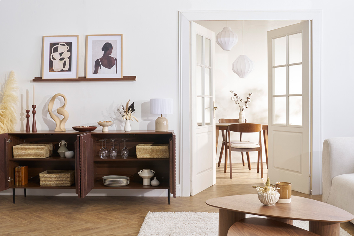 Buffet design en bois fonc chne massif grav et mtal noir 4 portes L180 cm ARCHIPEL
