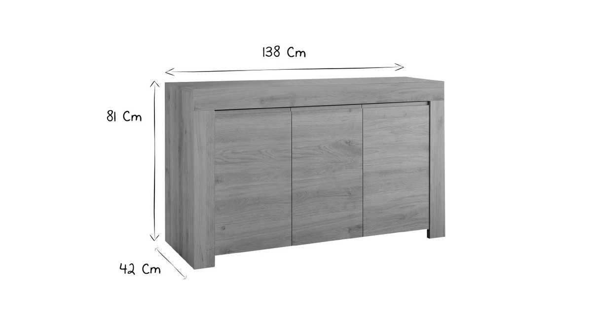 Buffet design finition bois clair chne 3 portes L138 cm TINO