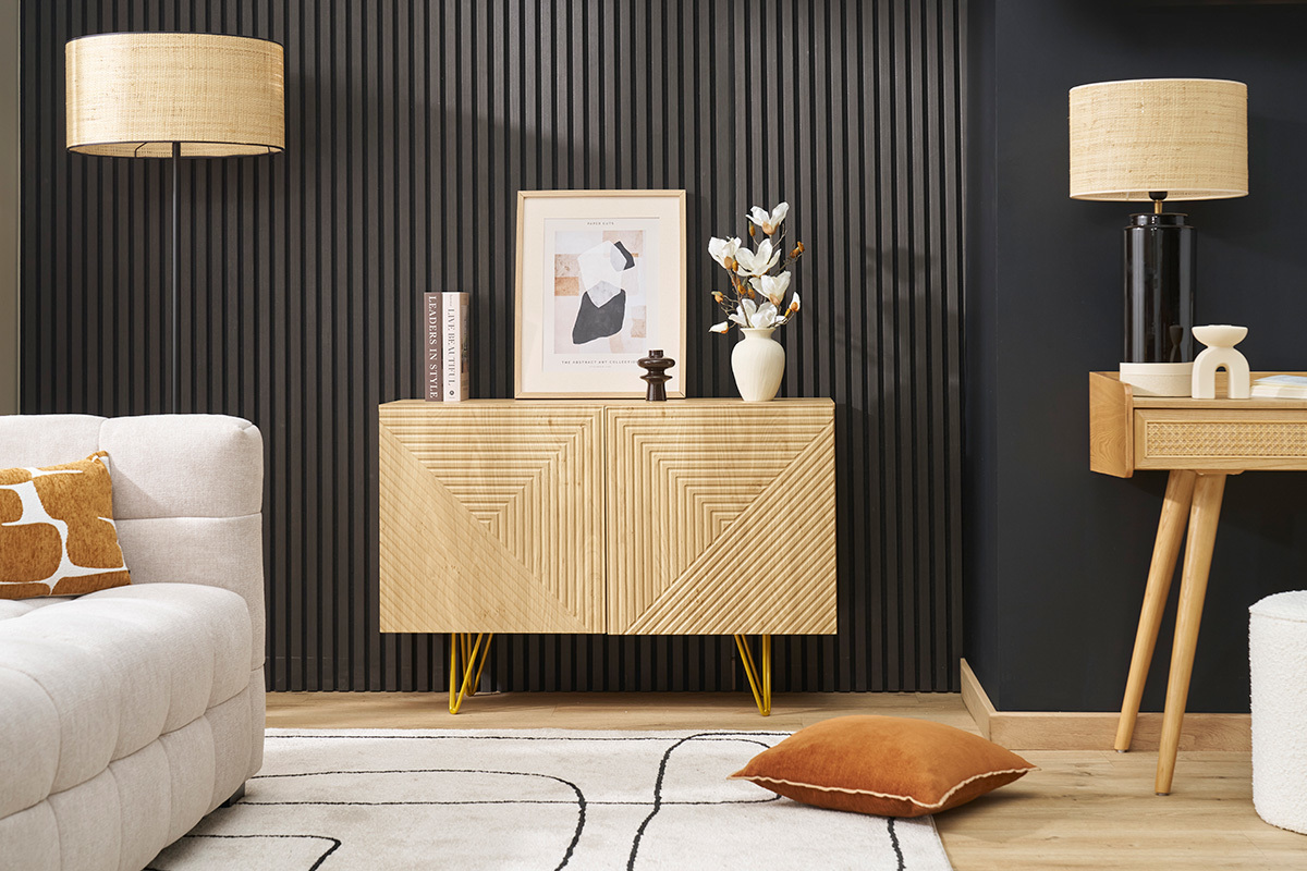 Buffet design grav finition bois clair chne et mtal dor 2 portes L107 cm OZEN