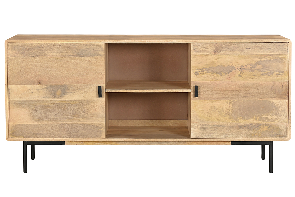 Buffet en bois clair manguier massif et mtal noir 2 portes L168 cm JUDE