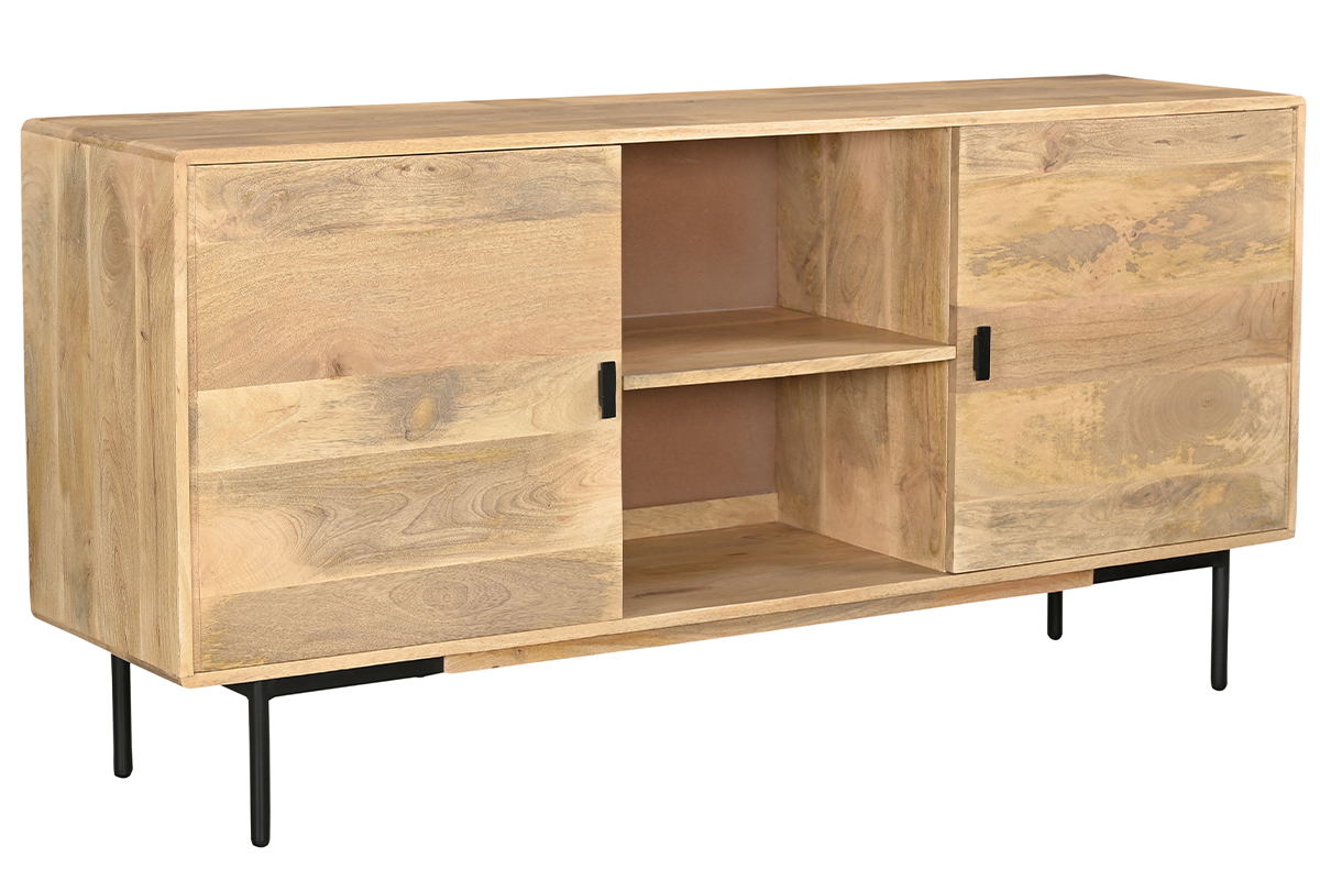 Buffet en bois clair manguier massif et mtal noir 2 portes L168 cm JUDE
