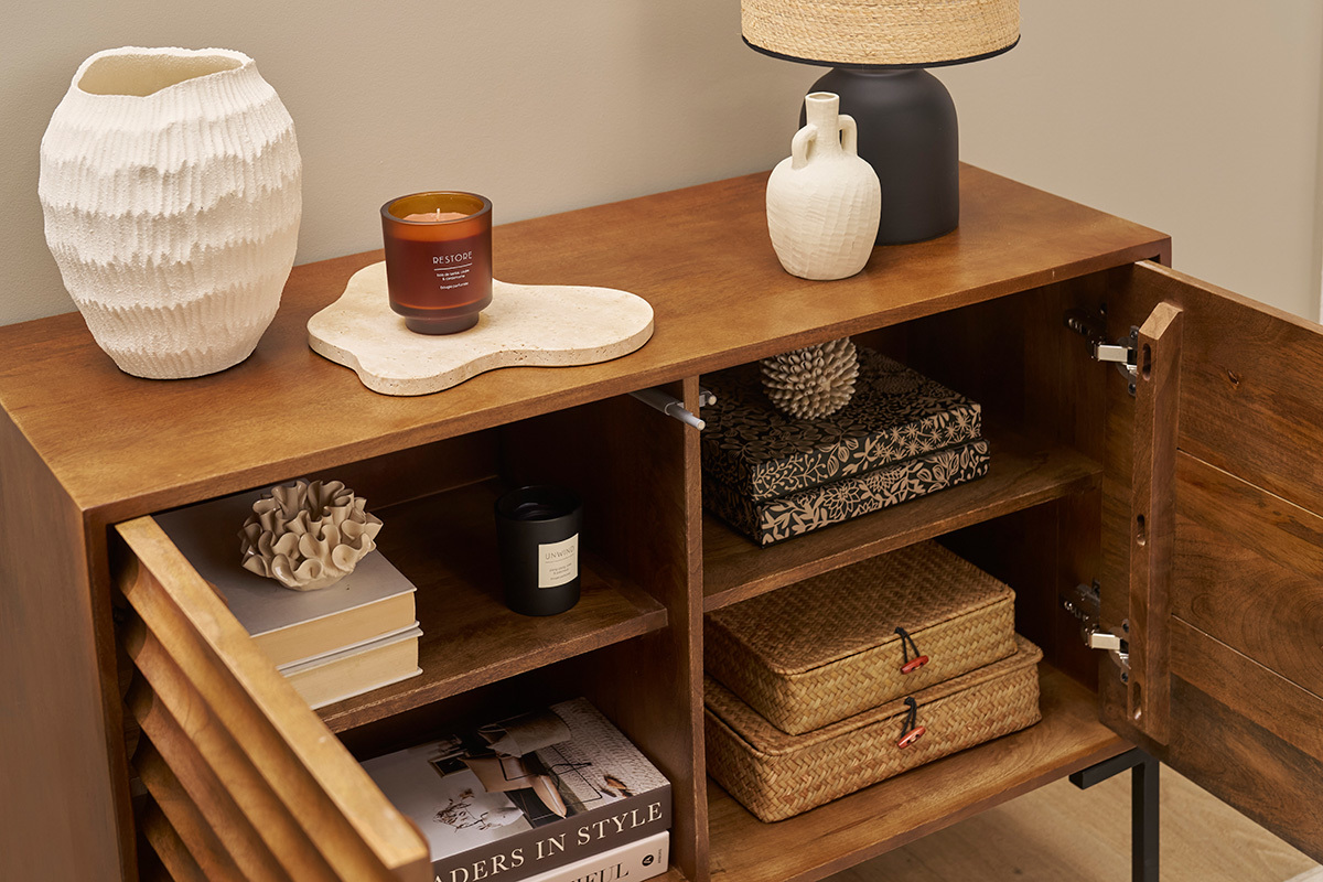 Buffet en bois fonc manguier massif et mtal noir 2 portes L100 cm ONDA