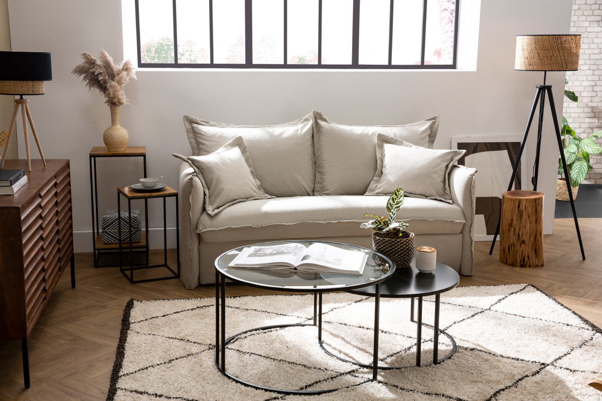 Buffet en bois fonc� manguier massif et m�tal noir 3 portes L140 cm ONDA