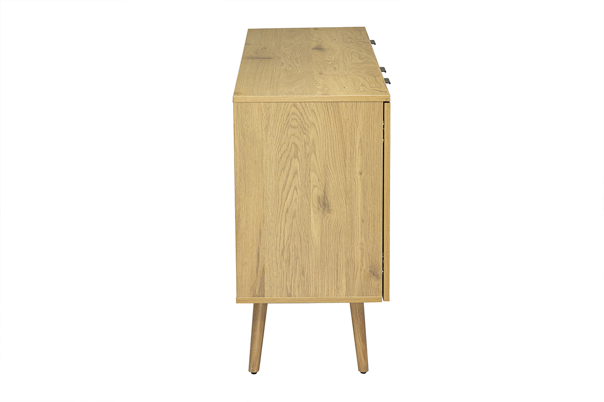 Buffet finition bois clair, cannage en rotin et m�tal noir 2 portes, 3 tiroirs L135 cm MANILLE