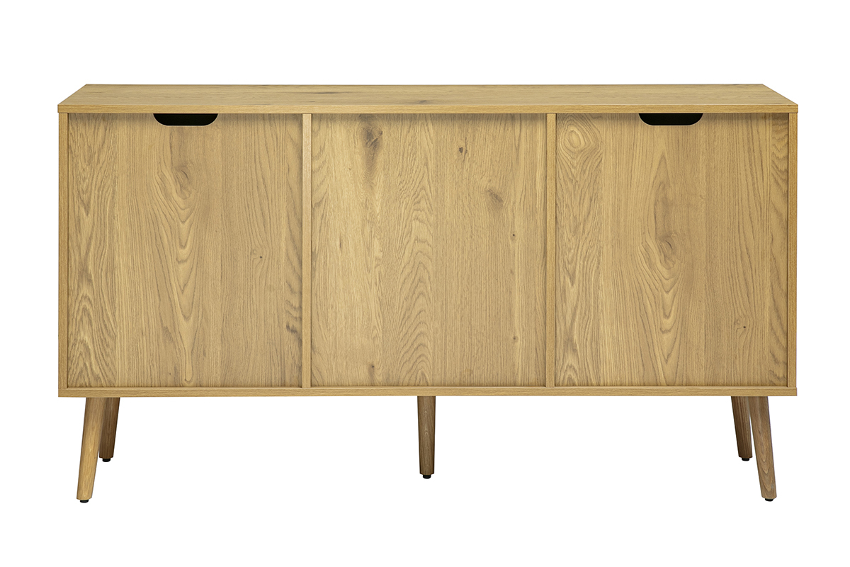 Buffet finition bois clair, cannage en rotin et m�tal noir 2 portes, 3 tiroirs L135 cm MANILLE