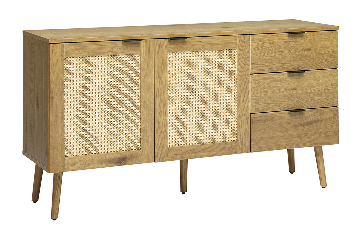 Buffet finition bois clair, cannage en rotin et m�tal noir 2 portes, 3 tiroirs L135 cm MANILLE