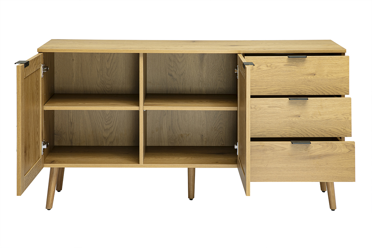 Buffet finition bois clair, cannage en rotin et m�tal noir 2 portes, 3 tiroirs L135 cm MANILLE