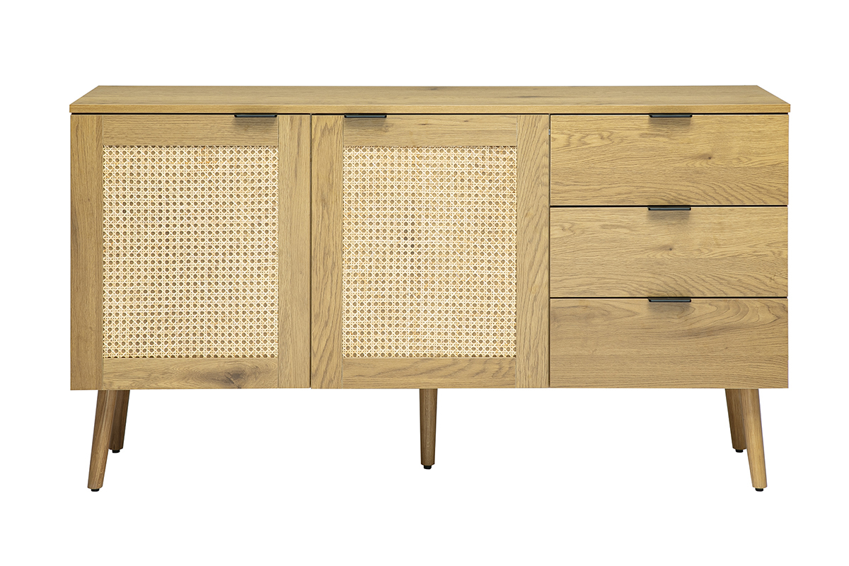 Buffet finition bois clair, cannage en rotin et m�tal noir 2 portes, 3 tiroirs L135 cm MANILLE