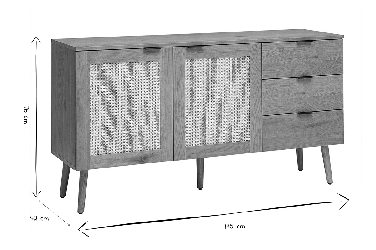 Buffet finition bois clair, cannage en rotin et m�tal noir 2 portes, 3 tiroirs L135 cm MANILLE