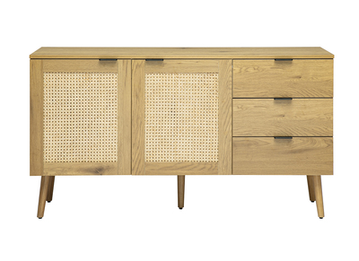 Buffet finition bois clair, cannage en rotin et m&eacute;tal noir 2 portes, 3 tiroirs L135 cm MANILLE
