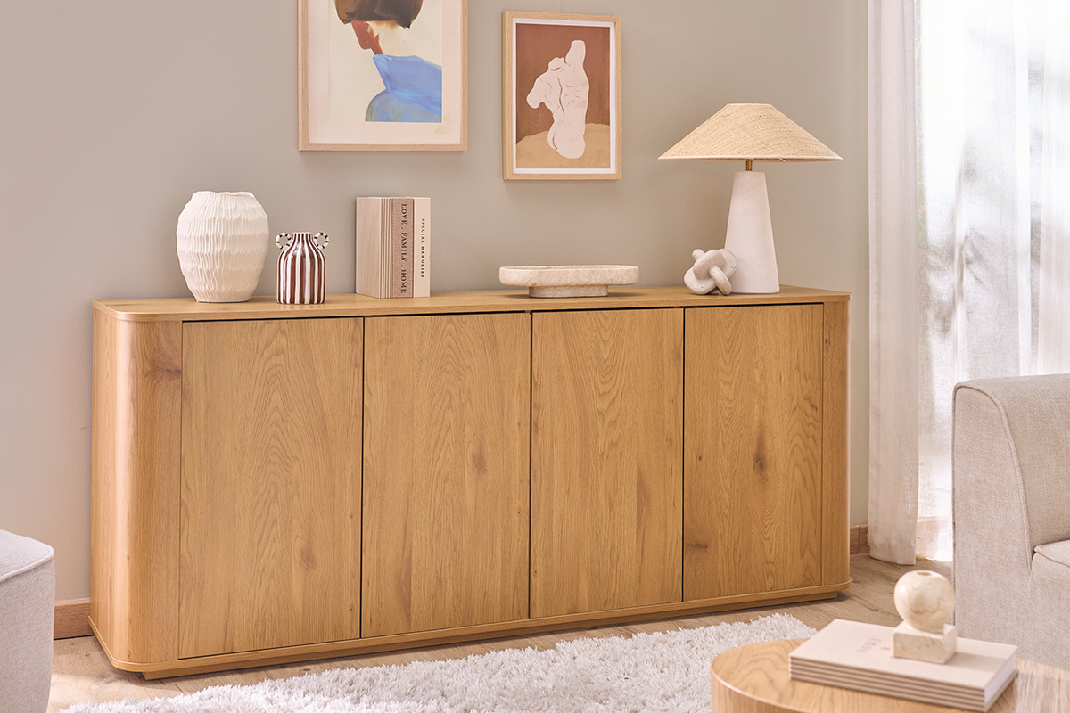 Buffet finition bois clair ch�ne 4 portes L180 cm NEGAN