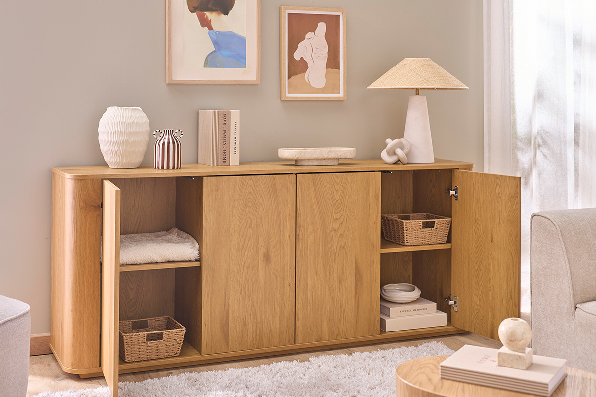 Buffet finition bois clair ch�ne 4 portes L180 cm NEGAN