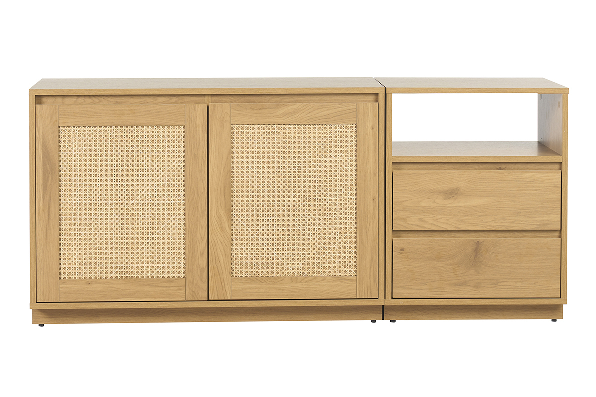 Buffet finition bois clair ch�ne et cannage rotin 2 portes 2 tiroirs L146 cm SEVILLE