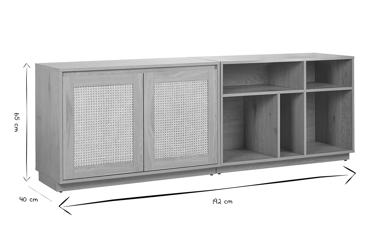 Buffet finition bois clair ch�ne et cannage rotin 2 portes L192 cm SEVILLE