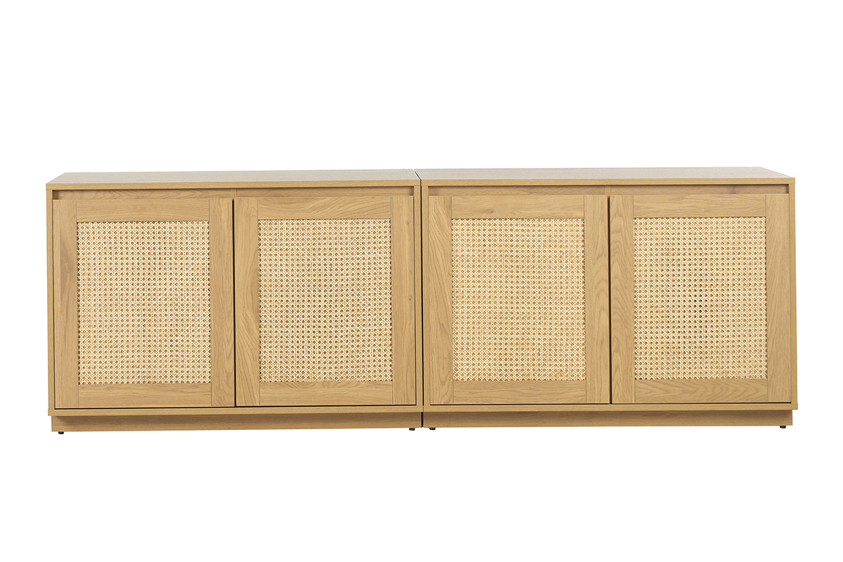 Buffet finition bois clair ch�ne et cannage rotin 4 portes L192 cm SEVILLE