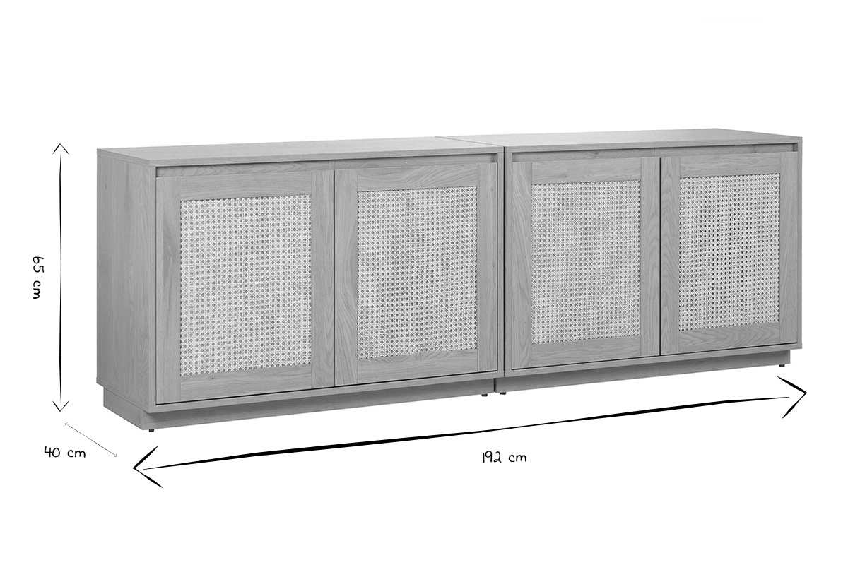 Buffet finition bois clair ch�ne et cannage rotin 4 portes L192 cm SEVILLE