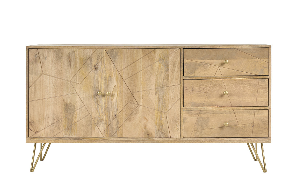 Buffet grav� en bois manguier massif et m�tal dor� 2 portes 3 tiroirs L145 cm LINIUM