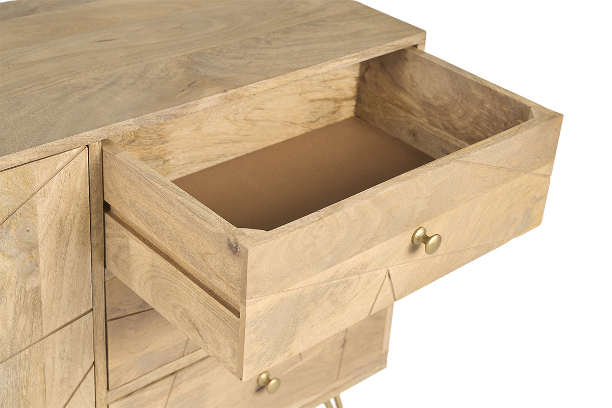 Buffet grav� en bois manguier massif et m�tal dor� 2 portes 3 tiroirs L145 cm LINIUM