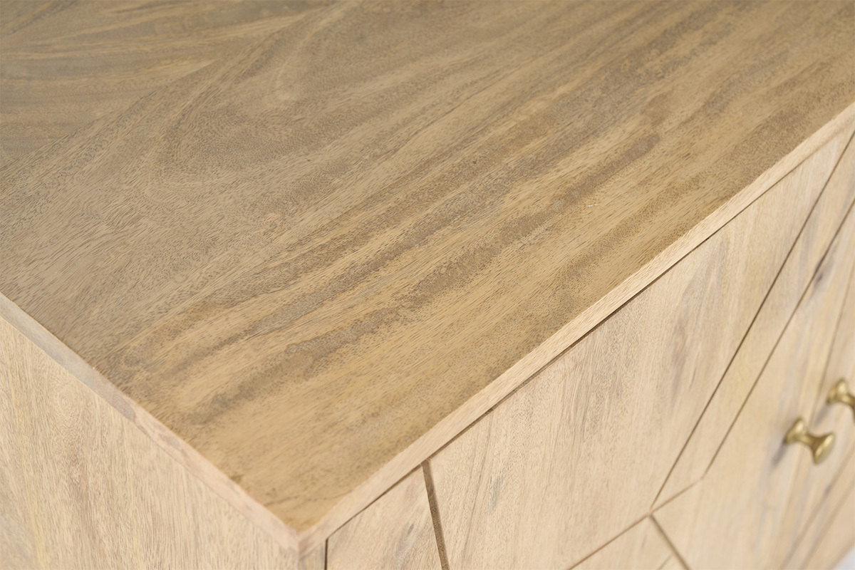 Buffet grav� en bois manguier massif et m�tal dor� 2 portes 3 tiroirs L145 cm LINIUM