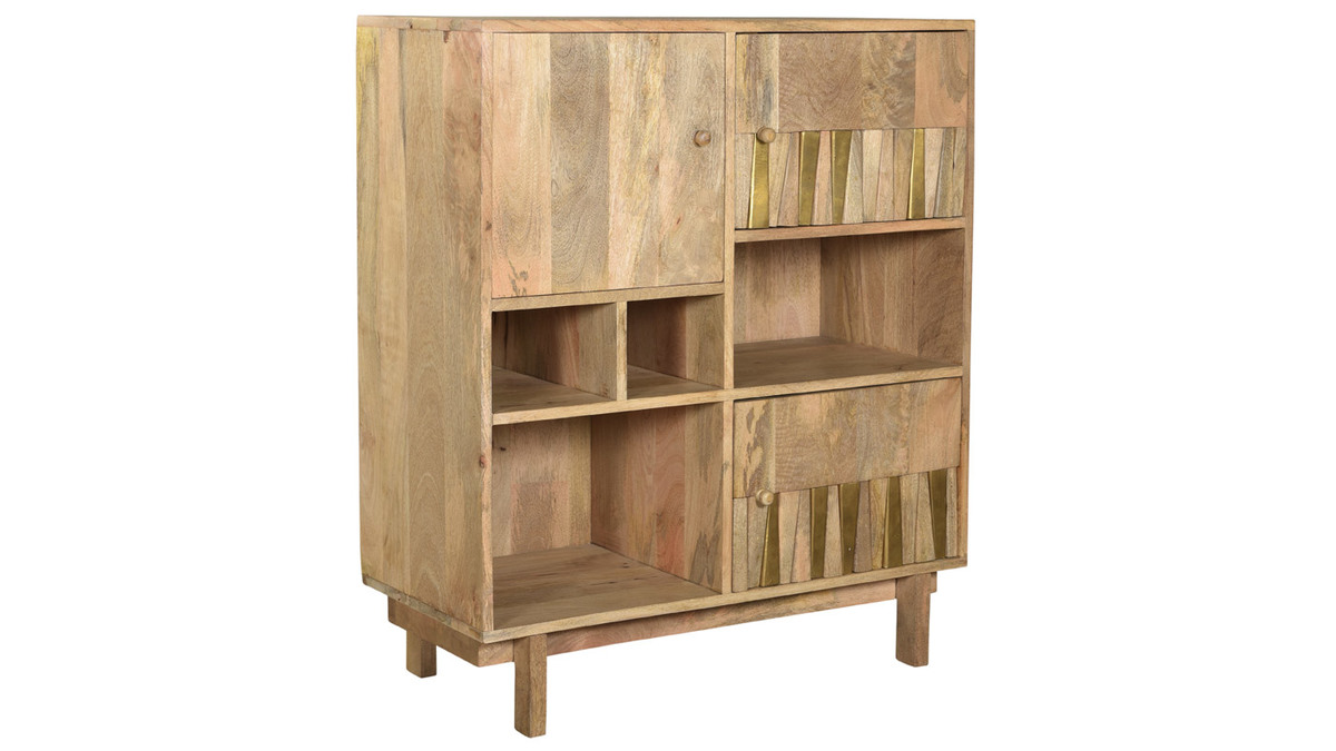 Buffet haut design en bois manguier massif et laiton dor 3 portes L90 cm ZAIKA