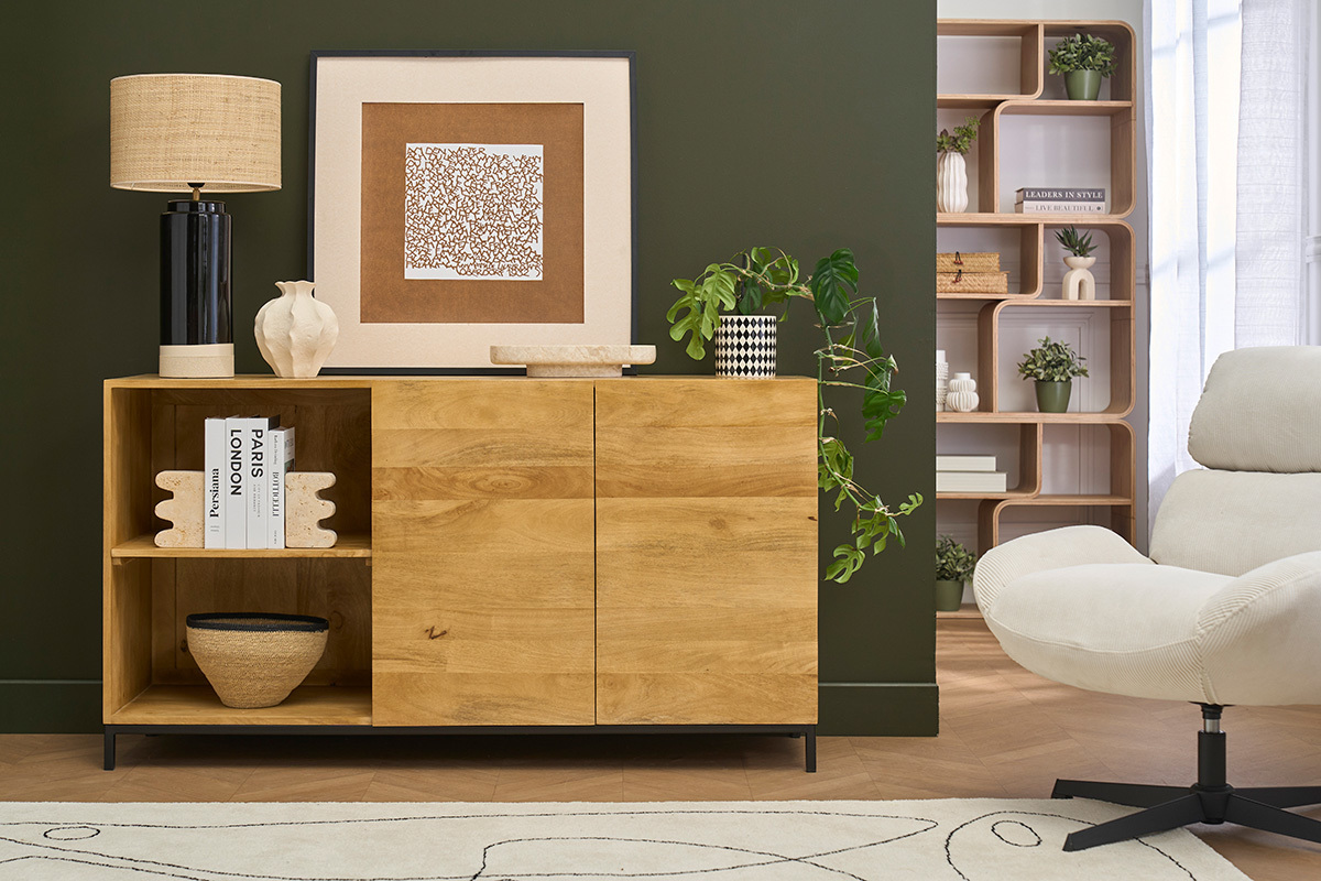 Buffet industriel en bois manguier massif et m�tal noir 2 portes L145 cm YPSTER