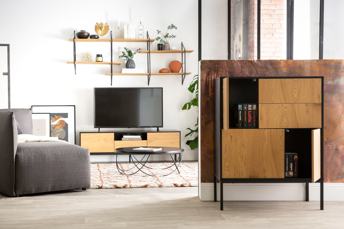 Buffet industriel haut bois et mtal noir 3 portes 2 tiroirs L80 cm TRESCA