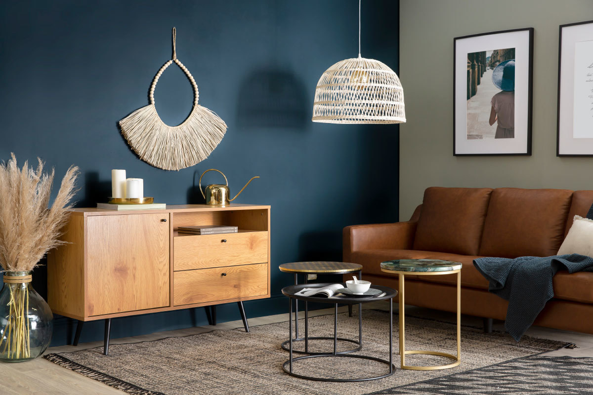 Buffet moderne finition ch�ne et noir L124 cm MIKKA