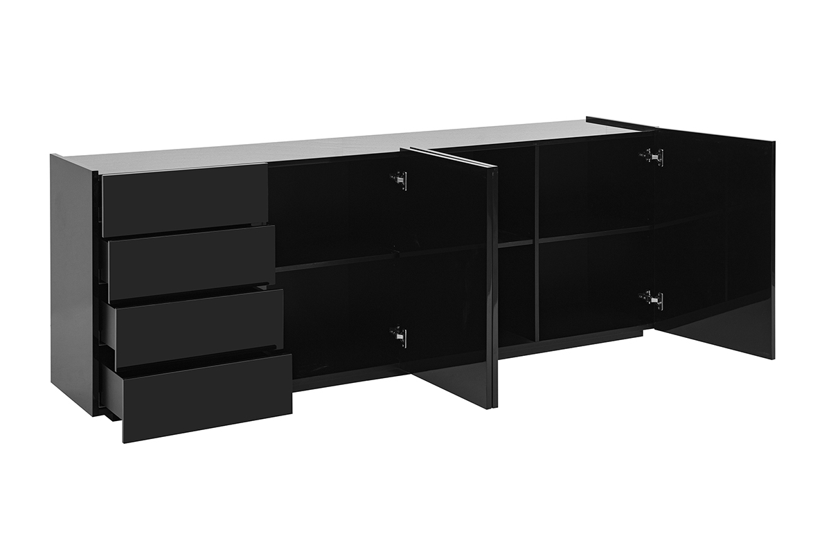 Buffet noir laqu� brillant 3 portes 4 tiroirs L200 cm ISAURE
