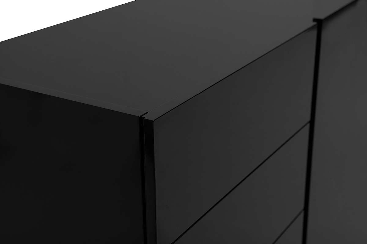 Buffet noir laqu� brillant 3 portes 4 tiroirs L200 cm ISAURE
