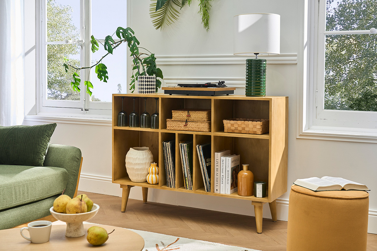 Buffet ouvert meuble de rangement bouteilles ou vinyles en bois manguier massif L120 cm ISIDRO
