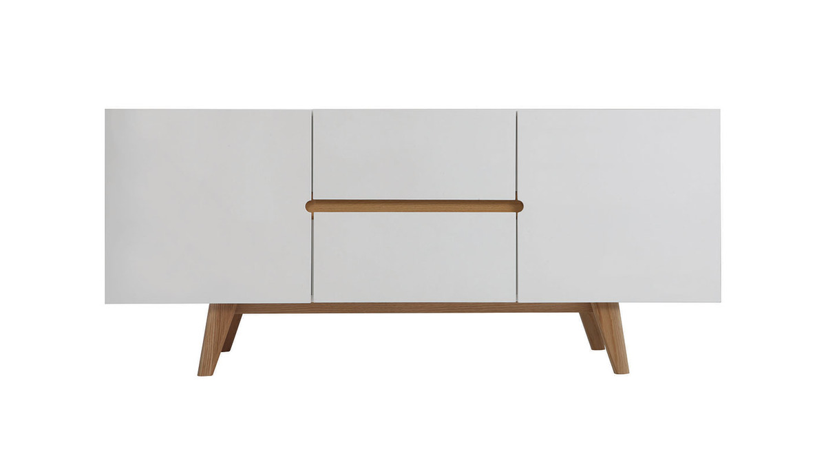 Buffet scandinave blanc brillant et finition bois clair 2 portes 2 tiroirs L160cm MELKA