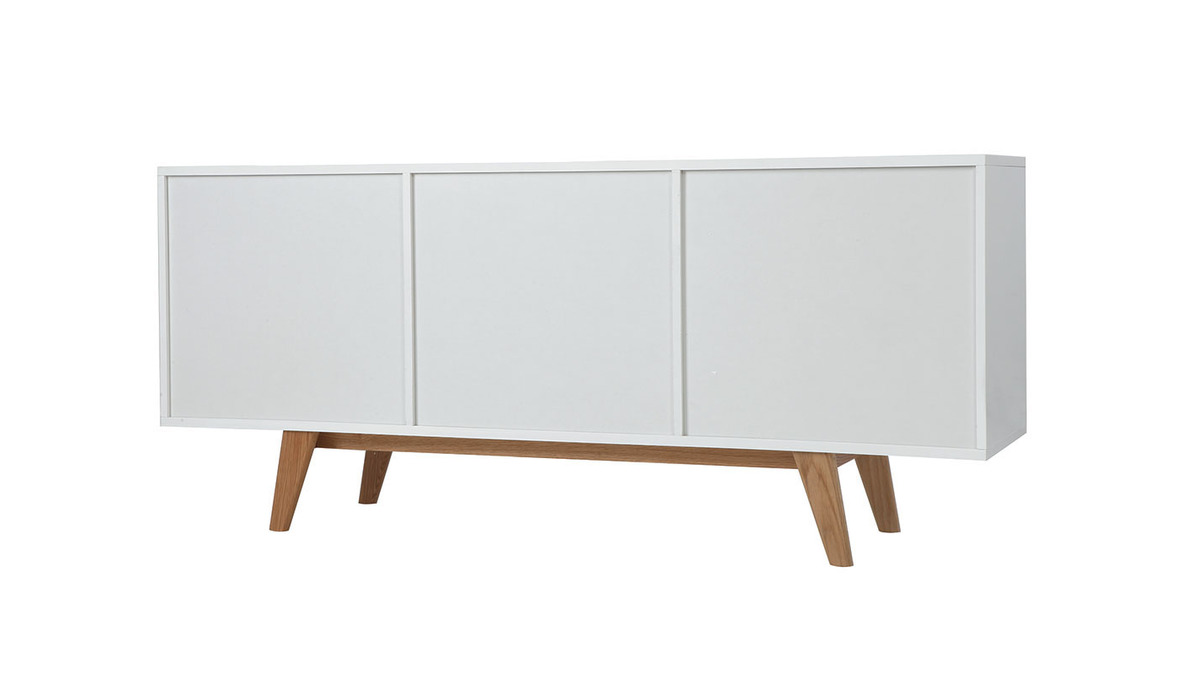 Buffet scandinave blanc brillant et finition bois clair 2 portes 2 tiroirs L160cm MELKA