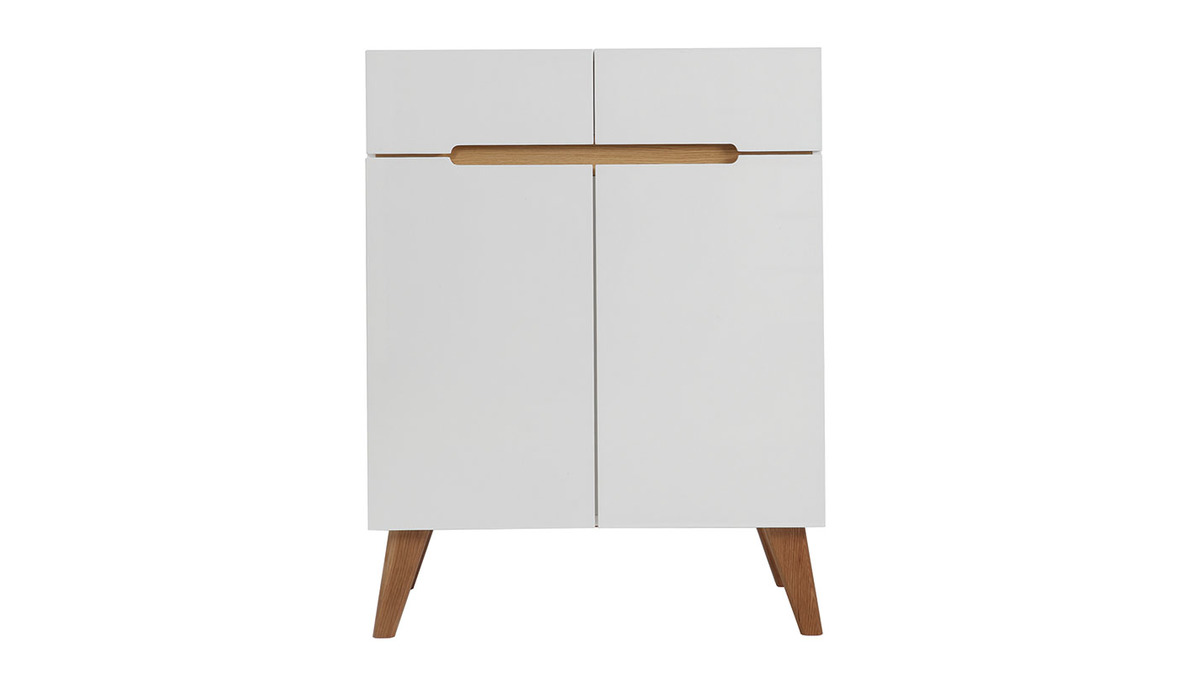 Buffet scandinave blanc brillant et finition bois clair 2 portes 2 tiroirs L80cm MELKA