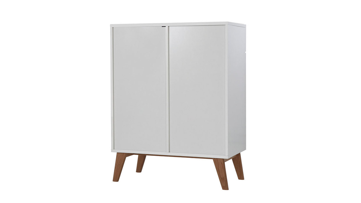 Buffet scandinave blanc brillant et finition bois clair 2 portes 2 tiroirs L80cm MELKA