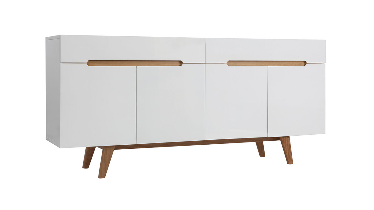 Buffet scandinave blanc brillant et finition bois clair 4 portes 2 tiroirs L180 cm MELKA