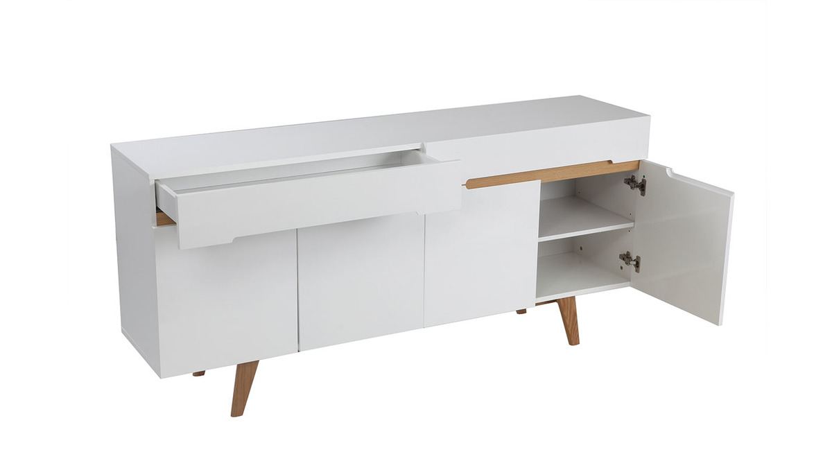 Buffet scandinave blanc brillant et finition bois clair 4 portes 2 tiroirs L180 cm MELKA