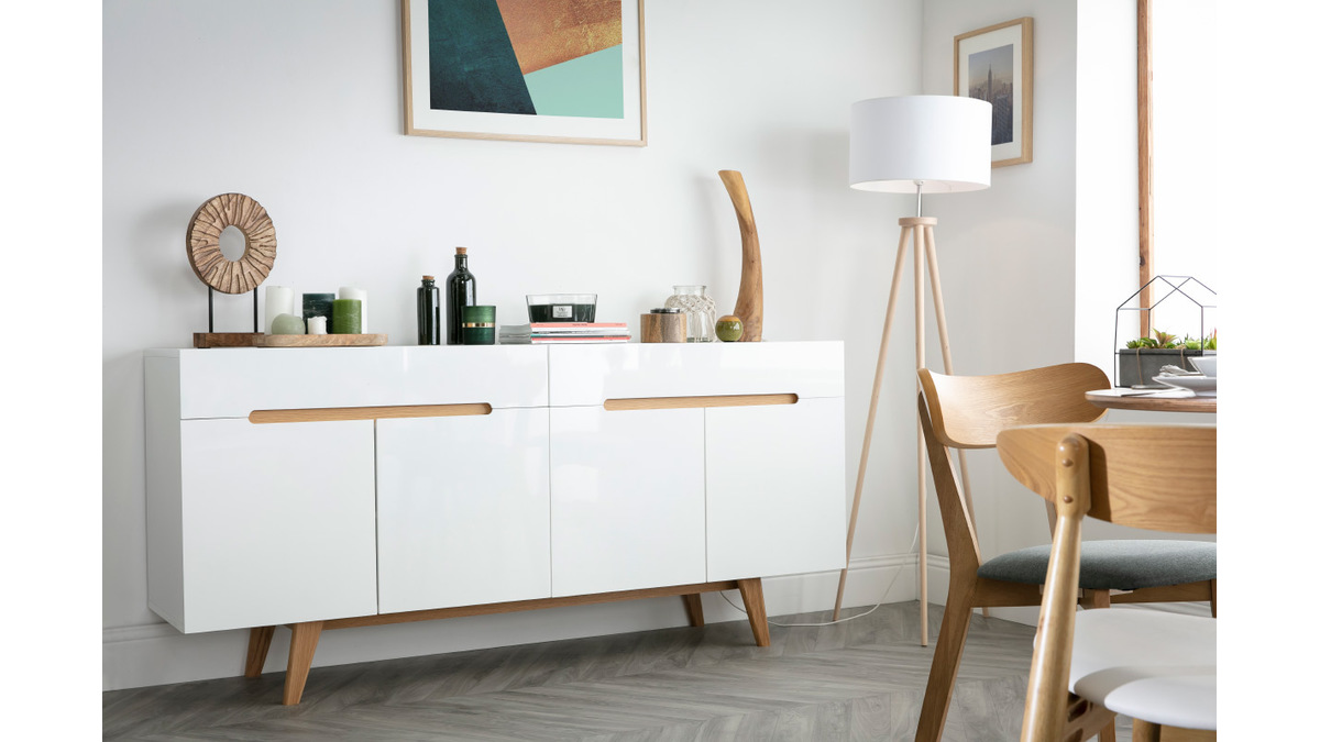 Buffet scandinave blanc brillant et finition bois clair 4 portes 2 tiroirs L180 cm MELKA