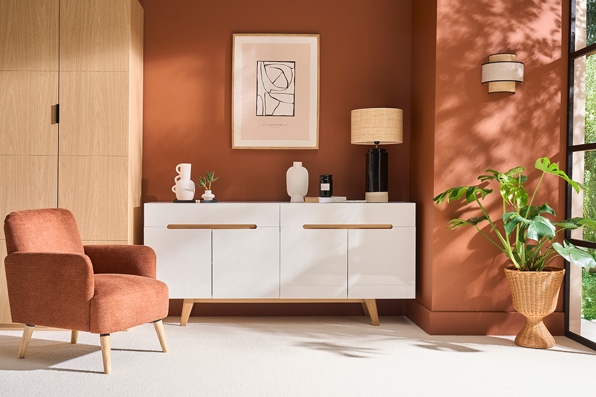 Buffet scandinave blanc brillant et finition bois clair 4 portes 2 tiroirs L180 cm MELKA