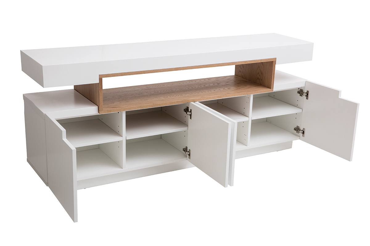 Buffet scandinave blanc laqu brillant et bois 4 portes L180 cm LIVO